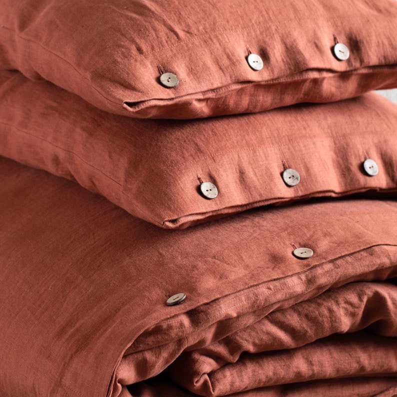 Linen pillowcase with buttons, Burnt orange linen pillowcases with coconut buttons closure, Burnt orange bedding, Includes 1 pillowcase image 5