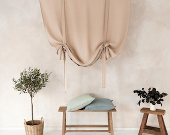 Linen Tie Up Curtains, Custom Sizes, Adjustable Length, Natural Curtain Panel