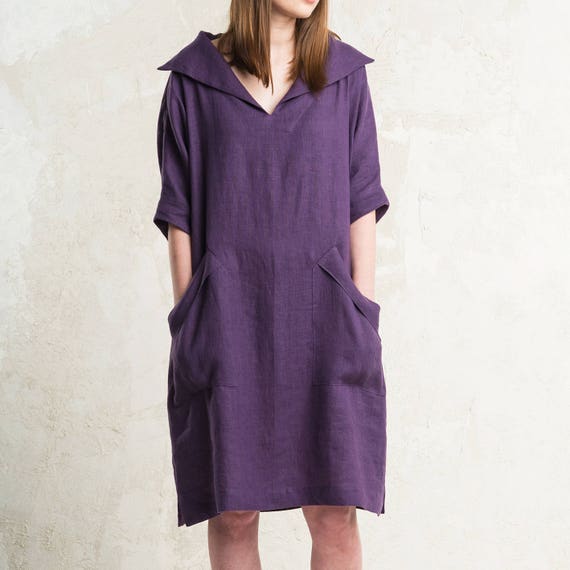 Relaxed linen dress for woman, Midi dress with pockets, Linen women's dresses, Collar dress for women