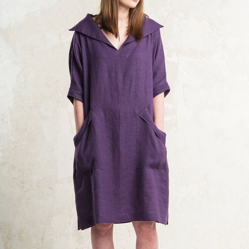 Relaxed linen dress for woman, Midi dress with pockets, Linen women's dresses, Collar dress for women image 1