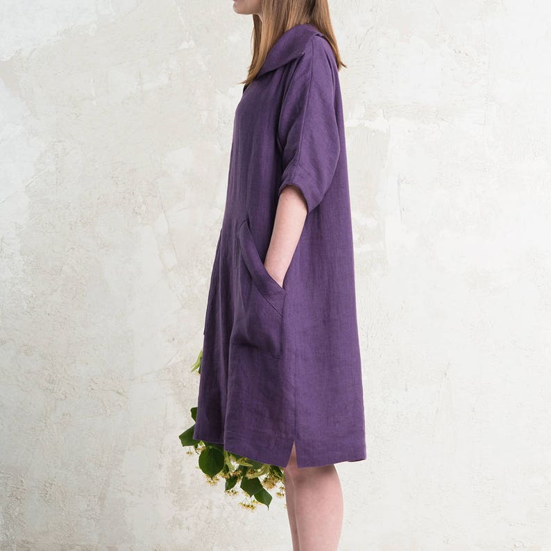 Relaxed linen dress for woman, Midi dress with pockets, Linen women's dresses, Collar dress for women image 4