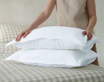 White linen pillowcase with envelope closure, White linen bedding, Flange pillowcases Queen, King, Euro, Deco, Standard pillow covers