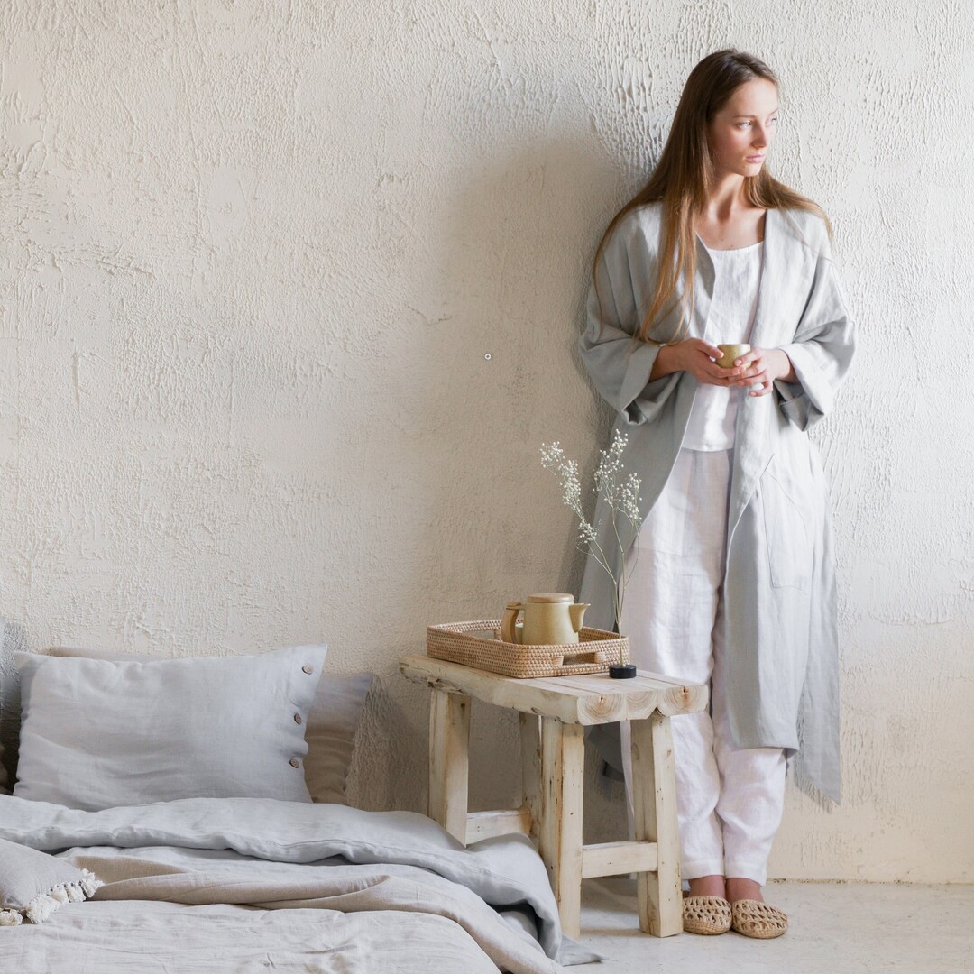 Long Linen Robe, Grey Bath Robe, Unisex Bath Robe, Linen Dressing Gown
