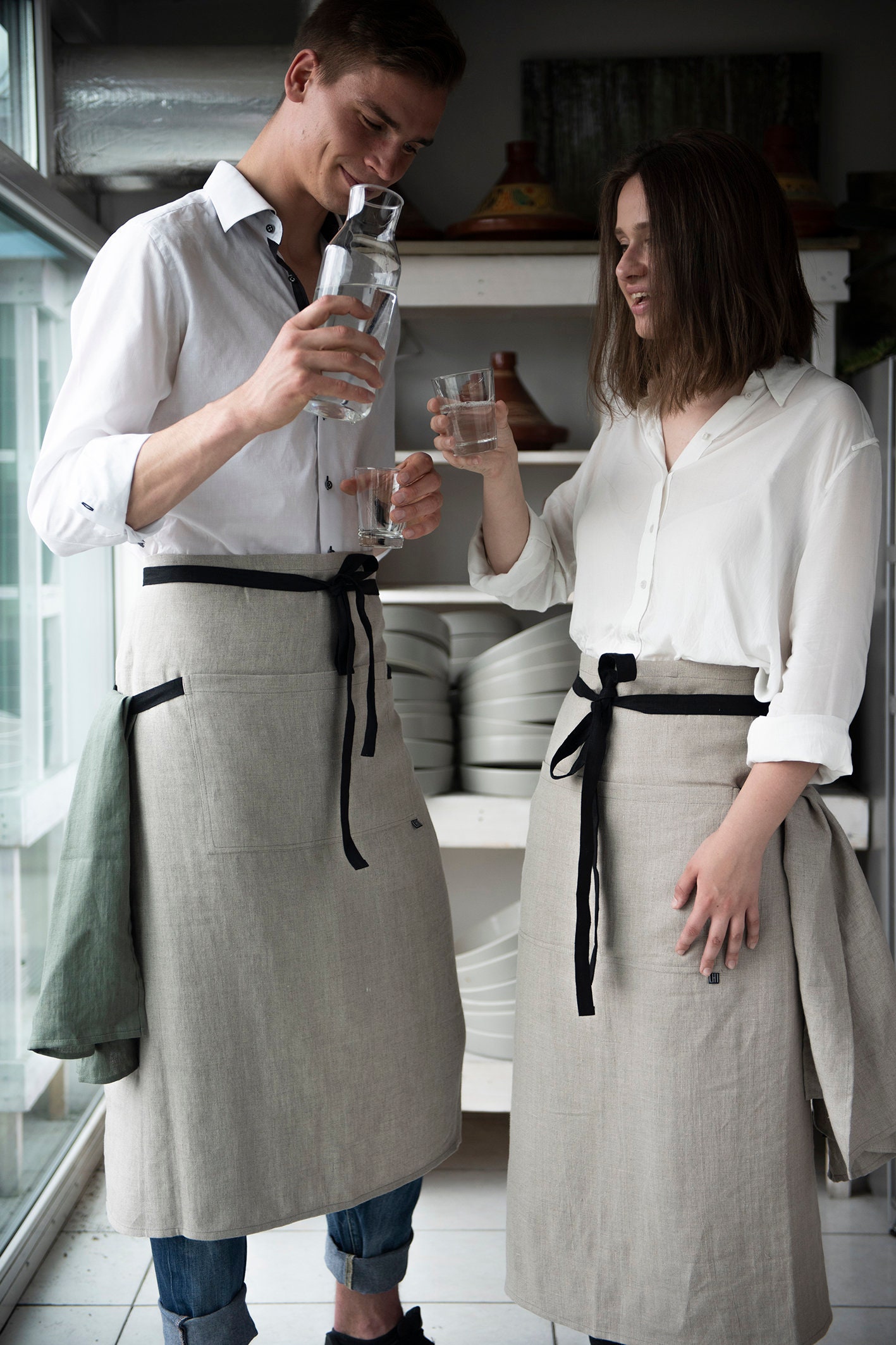 Long Linen Waist Apron Various Colors, Handmade Linen Apron
