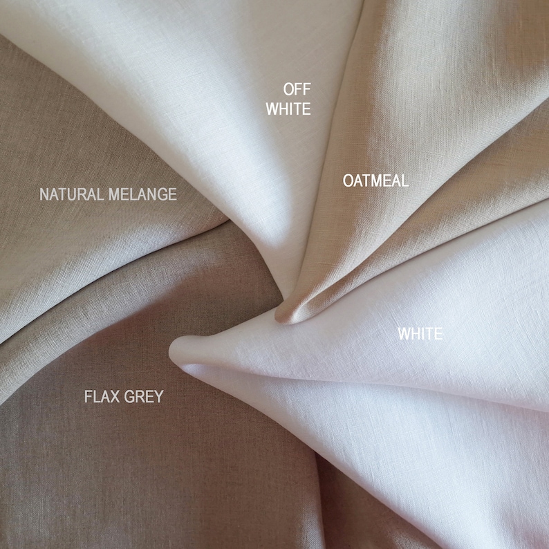 May include: Close-up of five fabric swatches in different shades of beige and white. The swatches are labeled "Natural Melange", "Flax Grey", "Oatmeal", "Off White", and "White".