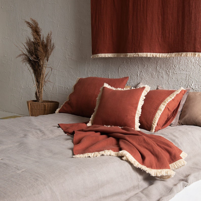 Linen pillowcase with fringe and envelope closure, Burnt orange linen pillowcase Standard, King, Queen, Terracotta linen bedding with fringe image 6