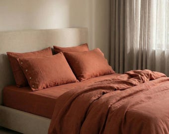 Juego de edredón de lino con fundas de almohada, juegos de fundas nórdicas Queen, King, ropa de cama naranja quemado