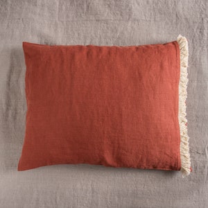 Linen pillowcase with fringe and envelope closure, Burnt orange linen pillowcase Standard, King, Queen, Terracotta linen bedding with fringe image 7