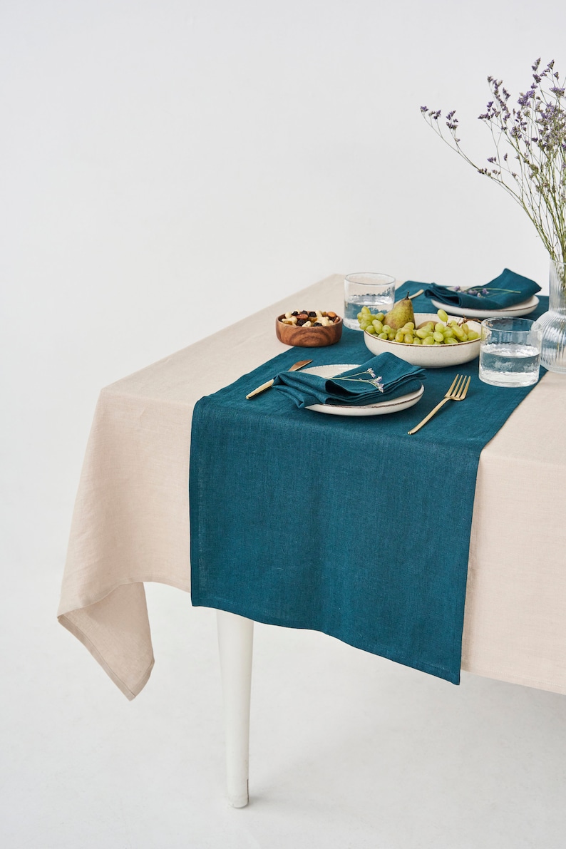 Handmade Linen Table Runner, Peacock Green Table Runners in Various Sizes image 1