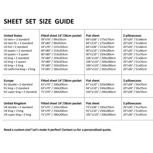 May include: A chart showing the different sizes of sheet sets available for purchase. The chart is divided into three columns: United States, Europe, and United Kingdom. Each column lists the different sizes of sheet sets available, along with the corresponding dimensions in inches and centimeters. The chart also includes a column for pillowcases, which lists the dimensions of the pillowcases in inches and centimeters.