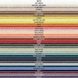 May include: A color chart with 30 fabric swatches, each labeled with a color name. The colors range from white to violet.