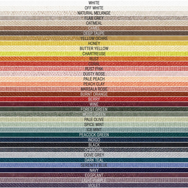 May include: A color chart with 30 fabric swatches, each labeled with a color name. The colors range from white to violet.