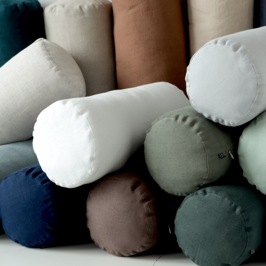 Linen Bolster Pillow With Insert, Removable Pillow Cover With Zipper, 30 Colors, Cylindrical