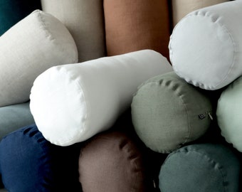 Linen bolster pillow with insert, Removable pillow cover with zipper, Cylindrical throw pillows in various colors