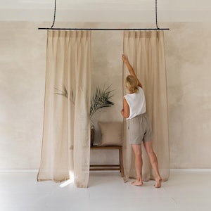 Sheer linen curtain panels in many colors, Double pleat curtains with tape for rings, Lightweight curtains for tracks, Window drapery panels