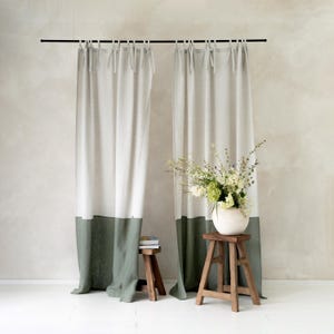 Linen curtains with ties, Color Block curtain panel, Natural window curtains with Blackout and Privacy lining option, Tie top curtains
