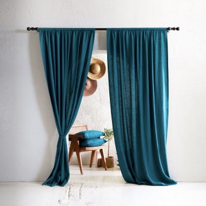 Rod pocket linen curtains custom color, Teal linen window curtains, Blackout curtain panels, 1 panel, Natural linen window treatments