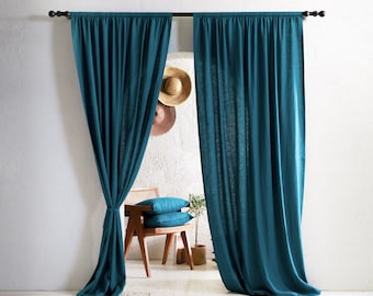 Rod pocket linen curtains custom color, Teal linen window curtains, Blackout curtain panels, 1 panel, Natural linen window treatments