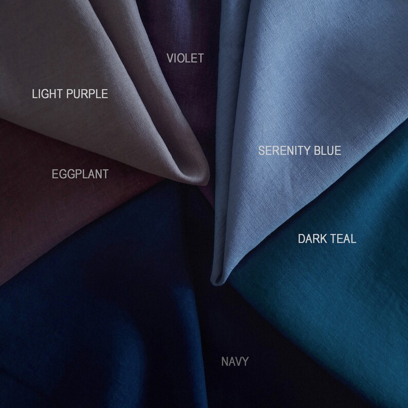 May include: A collection of fabric swatches in various shades of purple, blue, and teal. The swatches are arranged in a circular pattern, with the names of each color printed below them. The colors include eggplant, light purple, violet, serenity blue, dark teal, and navy.