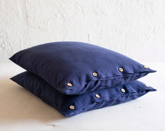 Navy linen pillowcase with coconut buttons, Linen pillow case Standard, Euro, Queen, King, Deco, Body pillow size