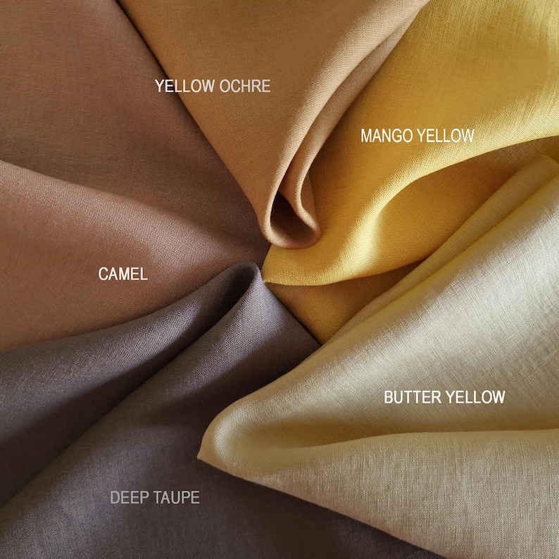 May include: A selection of fabric swatches in shades of yellow, brown, and grey. The colours are labelled as yellow ochre, mango yellow, butter yellow, camel, and deep taupe. The fabric samples are arranged in a circular pattern.