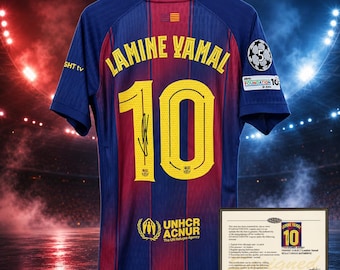 Lamine Yamal # 10 Barcelona Jersey gedruckt Unterschrift COA Kinder Erwachsene