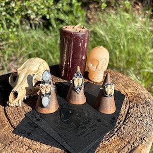 Könnte beinhalten: Eine Auswahl an Gothic-Schmuck und Dekor auf einer Holzoberfläche. Das Bild zeigt Ringe mit Zahndesign, einen Schädel, eine Kerze und Spielkarten. Die Ringe werden auf kleinen Holzständern präsentiert. Die Spielkarten haben ein Pik-Design.