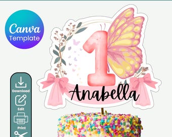 Adorno editable para pastel de primer cumpleaños, plantilla de Canva, acceso instantáneo, nombre y edad editables, adorno imprimible para pastel, tamaños A4 y Carta estadounidense.