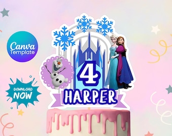 Adorno editable para pastel de Elsa de Frozen, plantilla de Canva, acceso instantáneo, nombre y edad editables, adorno imprimible para pastel, tamaños A4 y Carta estadounidense.