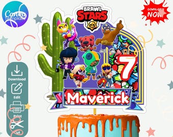 Plantilla de Canva para adorno de pastel de Brawl, adorno editable para pastel de cumpleaños, nombre y edad personalizados, decoración de fiesta imprimible, descarga instantánea.