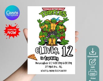 Invitación de cumpleaños de las Tortugas Ninja editable e imprimible, invitación de fiesta personalizada, plantilla editable de Canva, nombre, edad, fecha y hora editables.