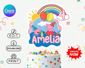 Adorno para tarta de Peppa Pig editable, plantilla de Canva, acceso instantáneo, nombre y edad editables, adorno para tarta imprimible, tamaños A4 y Carta estadounidense.