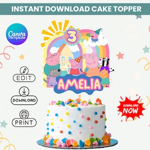 May include: A white iced cake decorated with colourful sprinkles, topped with a cake topper featuring cartoon characters, a rainbow, and the name "Amelia" with the number "3". The image includes the text "Instant Download Cake Topper".
