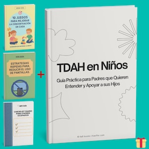 May include: A collection of books with Spanish text. The main book is titled "TDAH en Niños" (ADHD in Children) and includes the text "Guía Práctica para Padres que Quieren Entender y Apoyar a sus Hijos." Additional books cover concentration and screen time.