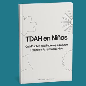 May include: A white book titled "TDAH en Niños" with black text and line art. The book's subtitle reads "Guía Práctica para Padres que Quieren Entender y Apoyar a sus Hijos." The book cover features cloud and sunburst illustrations. The author's website is at the bottom.