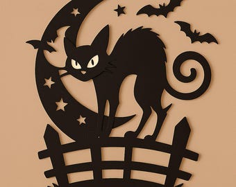 May include: A black cat silhouette on a crescent moon with stars, bats, and a fence. The Halloween decoration features a stylized black cat with glowing eyes, perched on a fence. Bats are flying around the moon.
