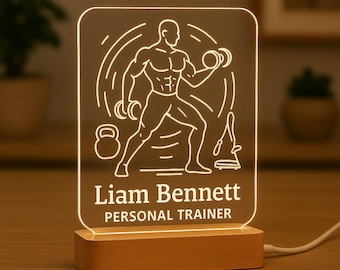 Personal Trainer Gift • Custom Engraved LED Night Light • Cross Fit Coach Gift • Gym Trainer Gift • LED Wood Base • Fitness Coach Gifts