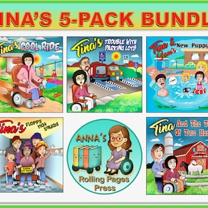 May include: A five-pack book bundle titled Tina's 5-Pack Bundle featuring illustrated covers: Tina's Cool Ride, Tina's Trouble With Parking Lots, Tina & Sam's New Puppy, Tina's Floppy Hat Squad, and Tina And The Tale Of Two Horses, plus a circular logo.
