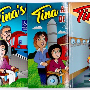 Pode incluir: Uma coleção de quatro livros infantis intitulados "Tina's" com ilustrações coloridas. As capas apresentam personagens de desenhos animados, incluindo uma menina numa cadeira de rodas, e vários cenários. O último livro intitula-se "Floppy Hat Squad".