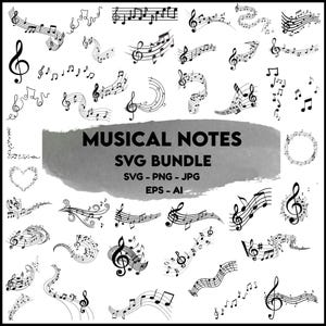 Puede incluir: Una colección de notas musicales y símbolos negros, incluyendo claves de sol y corcheas, dispuestos en varios patrones. La imagen incluye el texto "MUSICAL NOTES SVG BUNDLE" con información de tipos de archivo.