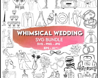 Hand Drawn Whimsical Wedding Illustrations, SVG PNG Clipart (Digital Download)