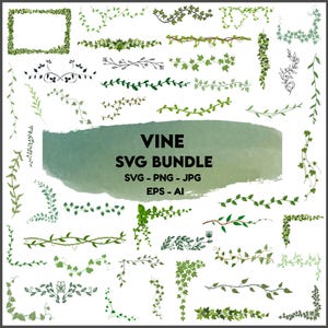 May include: A collection of green vine SVG graphics in various styles, including borders, corners, and individual sprigs. The image includes the text "VINE SVG BUNDLE" with file type information: SVG, PNG, JPG, EPS, and AI.