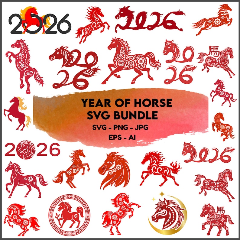 Year of the Horse 2026 SVG Bundle, Chinese New Year Clipart (digital ...