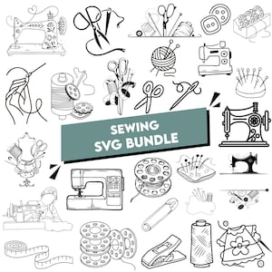 May include: A collection of black and white line drawings of sewing-related items. The image includes sewing machines, scissors, thread spools, needles, and buttons. The text "SEWING SVG BUNDLE" is displayed on a teal banner.