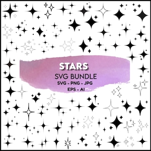 Può includere: Una collezione di disegni di stelle in bianco e nero in vari stili. L'immagine include il testo "STARS SVG BUNDLE SVG - PNG - JPG EPS - AI" su uno sfondo acquerello rosa e viola. Le stelle sono sparse su uno sfondo bianco.