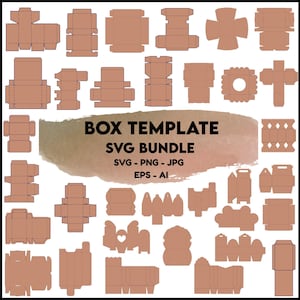 May include: A selection of brown box templates in diverse designs, set against a white backdrop. The image features the text "BOX TEMPLATE SVG BUNDLE" with file format options: SVG, PNG, JPG, EPS, and AI.