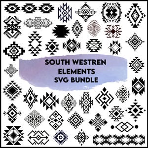Puede incluir: Una colección de diseños geométricos en blanco y negro de estilo suroeste. Los diseños incluyen patrones de diamantes, flechas y zigzags. El texto "SOUTH WESTERN ELEMENTS SVG BUNDLE" se muestra sobre un fondo de acuarela morado y azul.