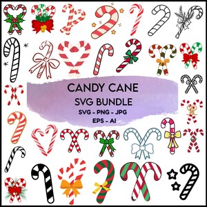 Puede incluir: Una colección de diseños de bastones de caramelo en varios estilos, incluyendo rayas rojas y blancas, colores sólidos y lazos decorativos. La imagen incluye el texto "CANDY CANE SVG BUNDLE".