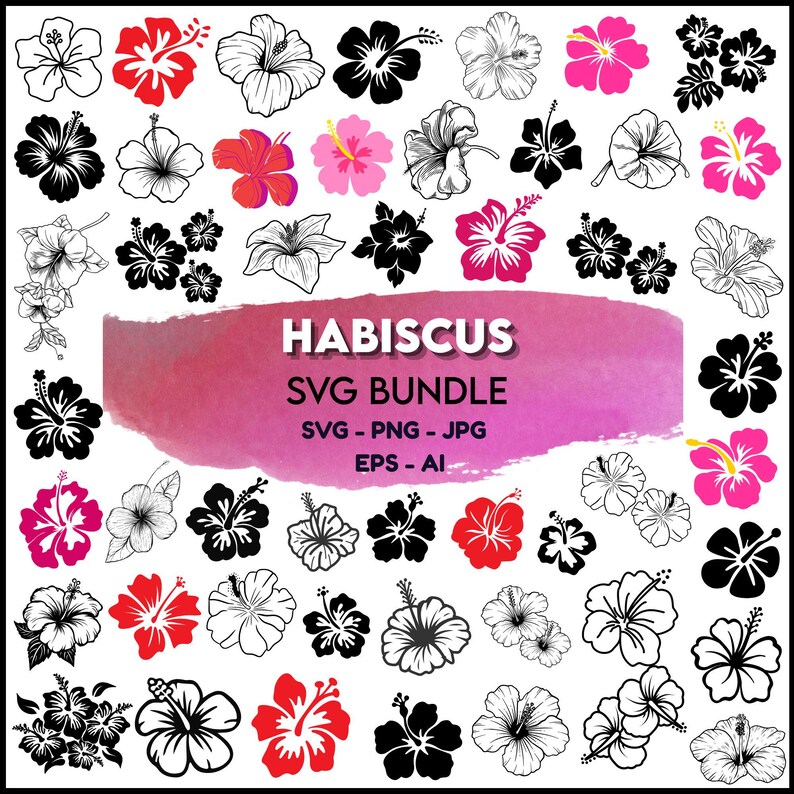 Hibiscus Flower SVG Bundle, Tropical Floral Line Art (digital Download ...