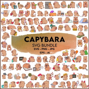May include: A collection of cartoon capybara illustrations in various poses and with different accessories. The image includes the text "CAPYBARA SVG BUNDLE" with file type information. The capybaras are depicted in a variety of activities.